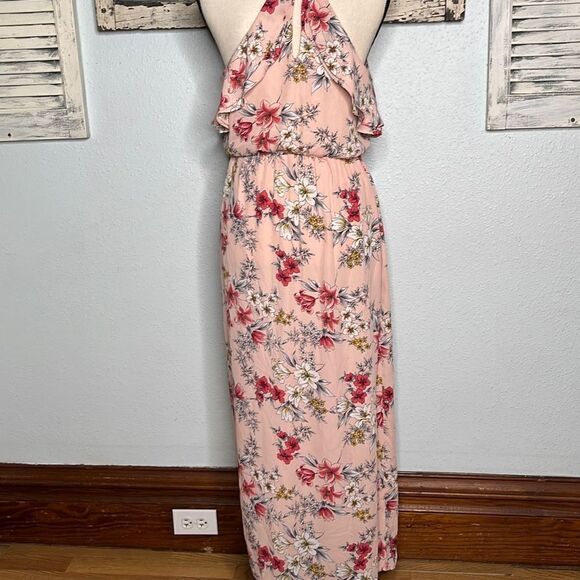 Lush Floral Maxi Sleeveless Halter Keyhole Back Pink Women's Dress Size Medium - Picture 7 of 11